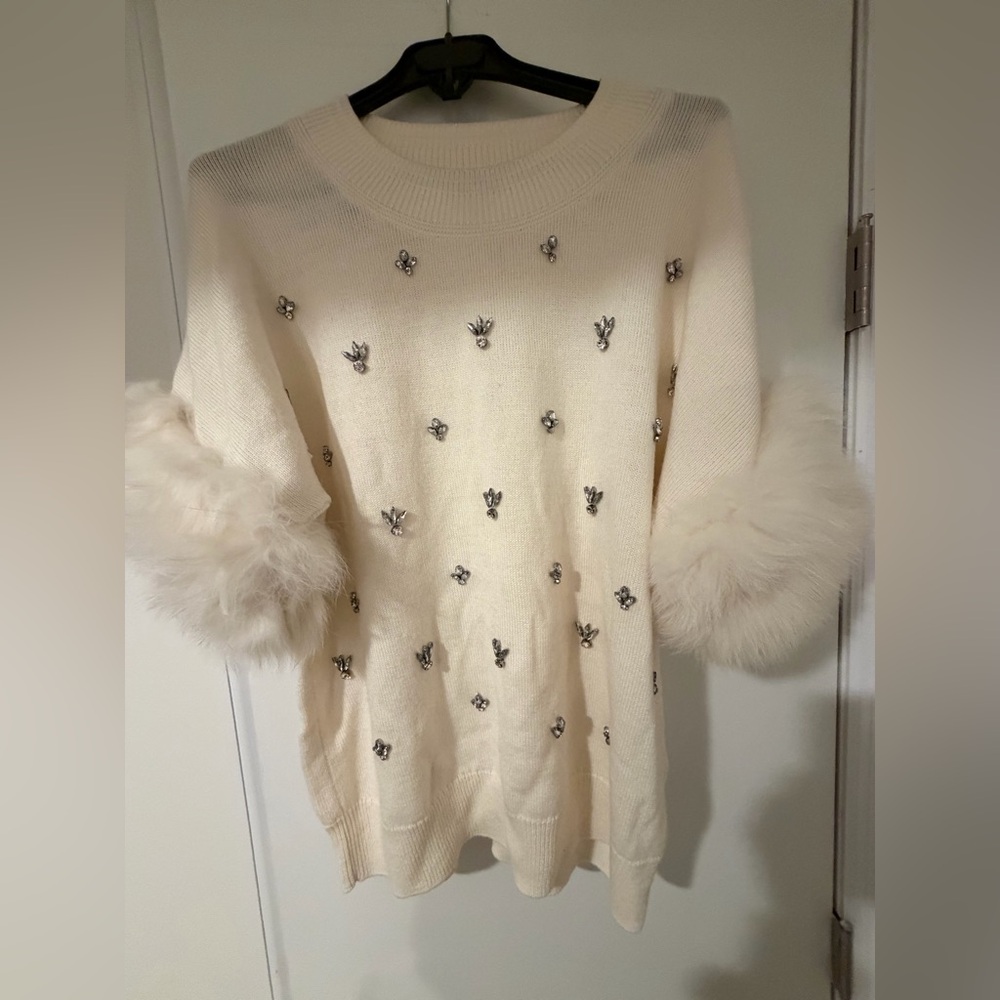 Kobi Halperin Embellished Sweater Faux Fur Sleeve Top Size M